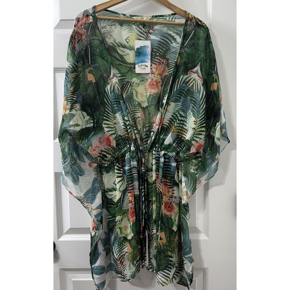 Hawaiian Tropic Floral Sheer Beach Coverup Kaftan Resort Vacation Coastal NWT